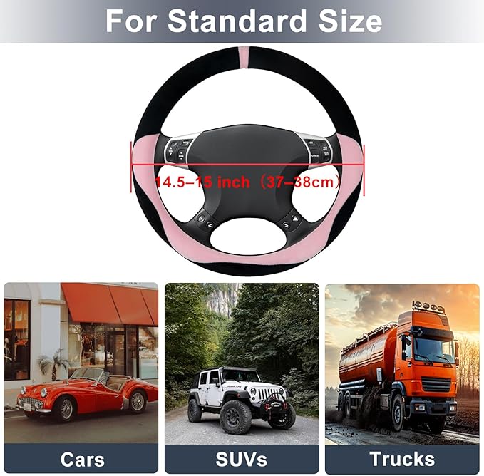 COFIT Plush Steering Wheel Cover Winter, Soft Warm Furry Grip Protector for Cars SUVs Trucks, Fits 14.5-15 Inch, Non-Slip Interior Accessory, Pink
