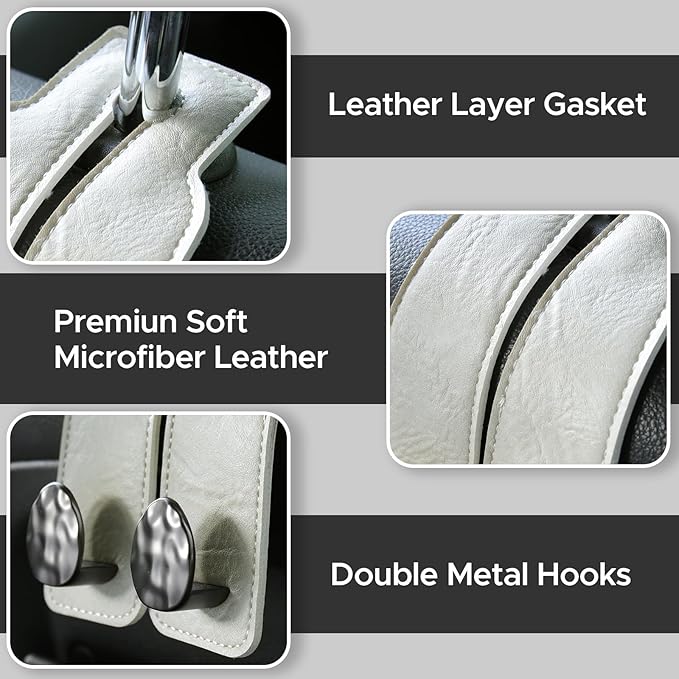 URIZZD 2PCS Leather Car Seat Hooks for Headrest, Vehicle Hanger Storage Organizer Universal for Handbag Purse, Car Accessories Gift (White-Black)