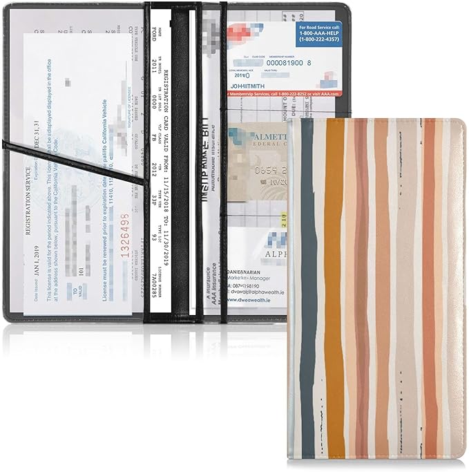 Qilmy Simple Solid Color Stripes Car Registration and Insurance Holder, Premium Pu Leather Vehicle Glove Box Organizer, Prefect Car Essentials Wallet for Driver License, Cards & Essential Documents780
