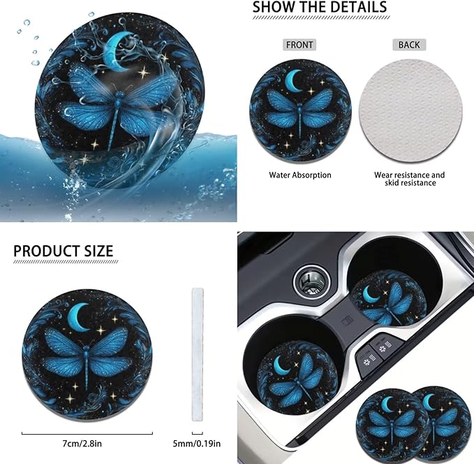 Blue Dragonfly Steering Wheel Cover Men Women 6pcs Funny Car Interior Decor Cup Coaster Handbrake Cover Suit for Most Cars Truck Vans SUV