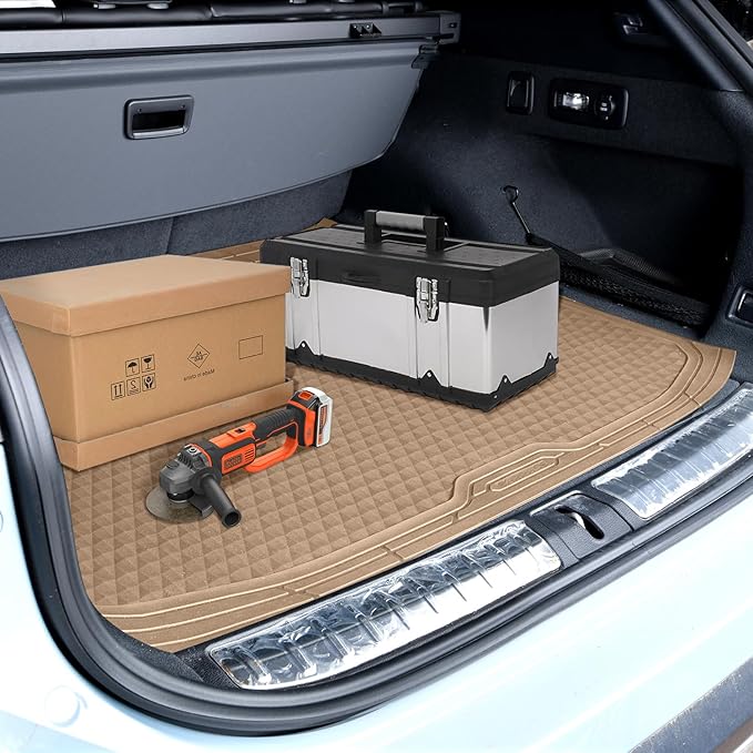 CAR PASS Beige Rubber Car Floor Mats & Cargo Liners, Durable Anti-Slip 3D Rhombus Waterproof Automotive Pad Trim Fit Liner All-Weather Trunk Mats Full Set Universal Fit Auto Van Sedan SUV Truck Beige
