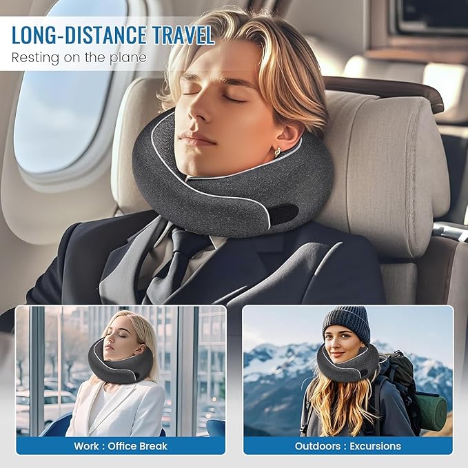 4litamz Travel Neck Pillows, 100% Memory Foam Filling, Travel Pillows for Airplanes, Compact and Ergonomic Design, Best for Sleeping Plane Train Travel Essentials (Light Black)