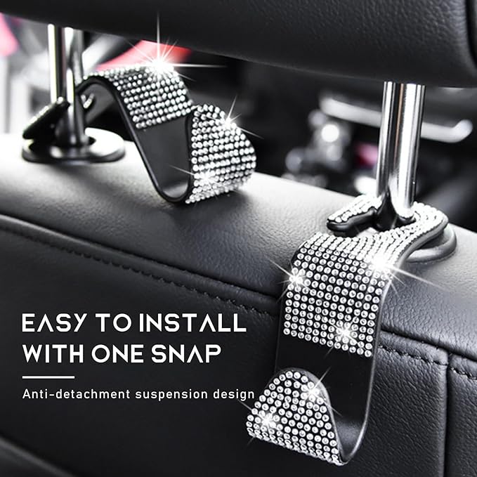 2PCS Bling Car Seat Headrest Hooks, Auto Back Seat Hanging Storage Organizer for Purse Handbag Coat, Rhinestone Vehicle Seat Hanger Holder for Women Girls, Car Accessories (Purple)