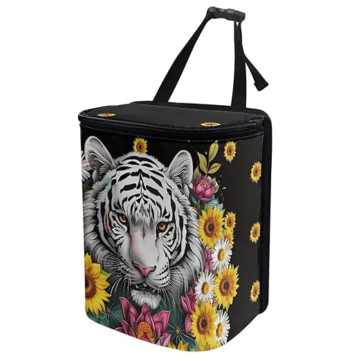White Tiger Floral Car Trash Can, Hanging Zipper Design Garbage Bin for Backseat