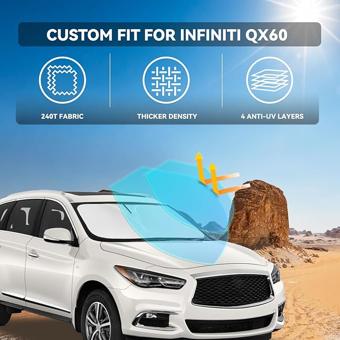 for Infiniti QX60 2014-2025 Windshield Sun Shade - 4 Layers Car Sunshades for Front Windows Shade Cover Custom Fit QX60 Sun Visor 240T Retractable Shade Blocks UV Rays Car Accessories