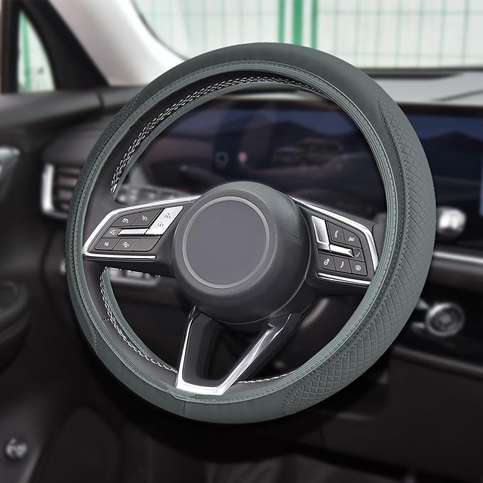Car Steering Wheel Cover, Universal 14.5-15 Inch Gray Leather Steering Wheel Wrap with Better Sport Grip for Men Women, Anti-Slip Breathable Car Interior Accessories for Most Vehicles (Gray)