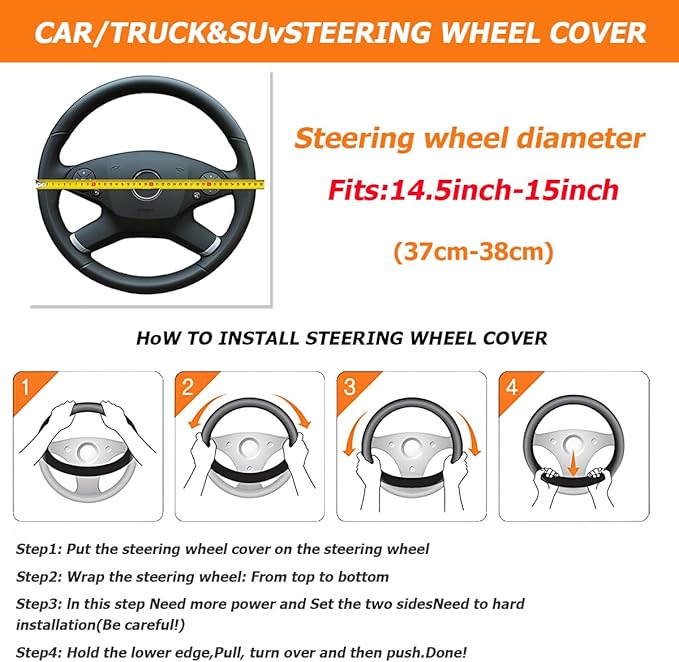 Car Steering Wheel Cover, Non-Slip Vehicle Steering Wheel Protector, Automotive Interior Accessories for Women Men, 15 Inch Universal for SUV, Truck, RV, Van and More（Black/Orange）
