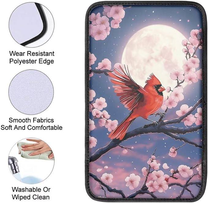Cardinal Moon Print Armrest Cushion Cover for Car Cherry Blossom Print Car Center Console Armrest Cover Neoprene Car Arm Rest Pad