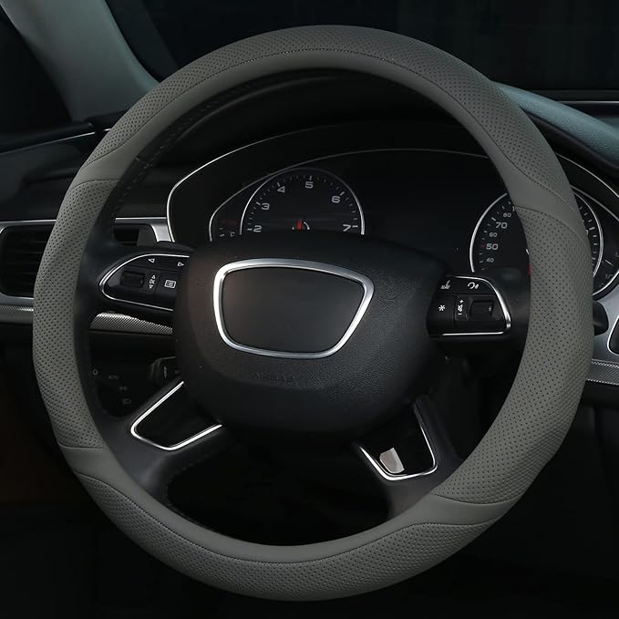ALEMODR Gray Leather Steering Wheel Cover Universal 15 inch