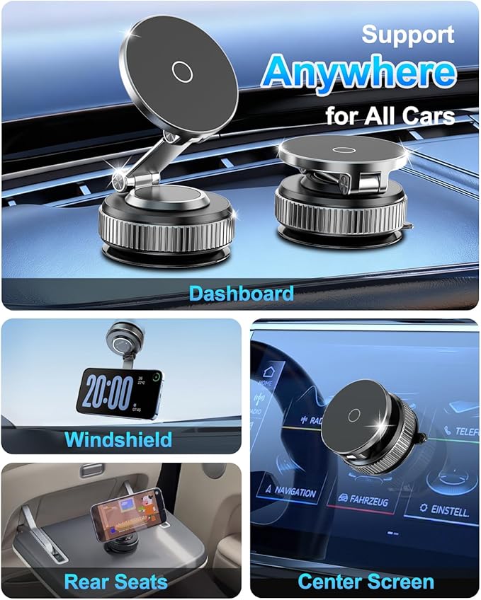 Vacuum Magnetic Car Phone Holder 360° Strongest 120LBS Ultra Suction Cup Phone Mount for MagSafe Dashboard Cell Phone Holders for Your Car/Gym/Mirror Bracket for iPhone 17 & Android, Car Accessories