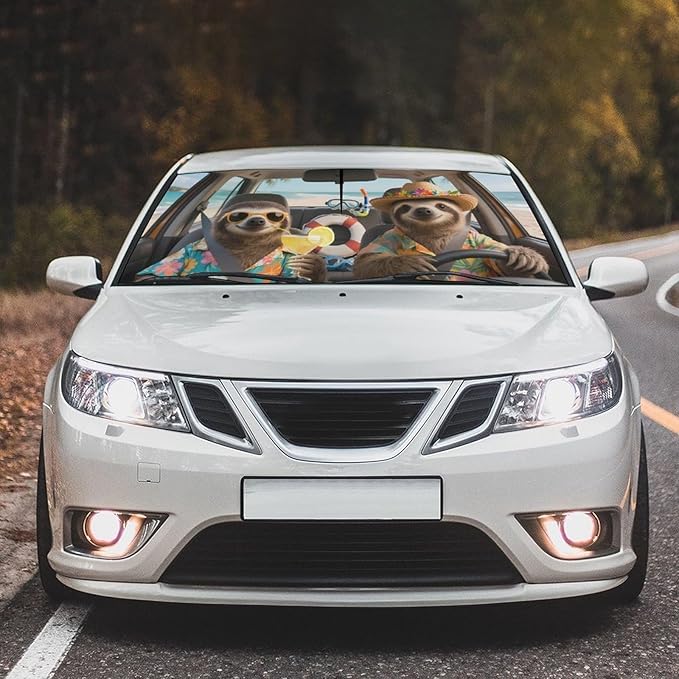 DOPINDU Funny Sloth Car Windshield Sun Shade Umbrella Bendable Handle Foldable Animal Print Sloth Sunshade for Car Windshield Block UV Rays Keep Vehicle Cool for Most Sedans SUV Trucks Cars 57"x30"