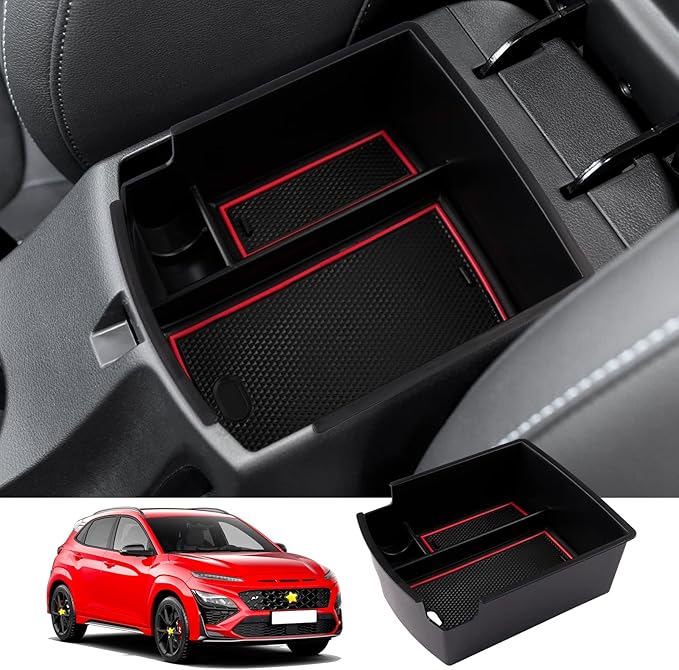 SKTU for 2018 2019 2020 2021 2022 2023 Hyundai Kona Center Console Organizer Insert ABS Black Materials Tray 2023 Kona OS Armrest Box Glove Secondary Storage Box with Coin and Glass Holder (Red)