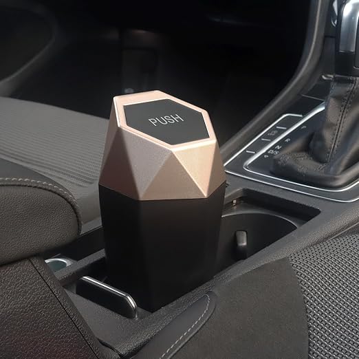 LoyaGour Car Trash Can Bin,Small Garbage Can with Lid,Automotive Cup Holder Mini Cars Trashcan,Portable Car Door Trash Cans,Vehicle Essentials Gadgets Dustbin (2Pcs, Black and Glod)