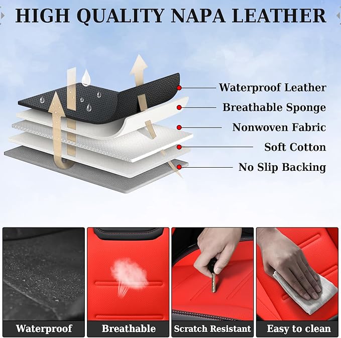 Coverado Car Seat Covers Full Set, Seat Covers for Cars, Car Seat Protector Waterproof, Leather Cushion, Universal Car Interior Covers Seat Protectors for Most Cars Black-Red