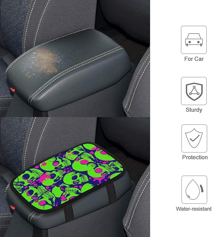 Car Center Console Cover, Cool Funny Zombie Skull Armrest Pad Seat Box Cushion Non-Slip Arm Rest Cover Interior Decor Accessories Universal Fit Most Vehicle