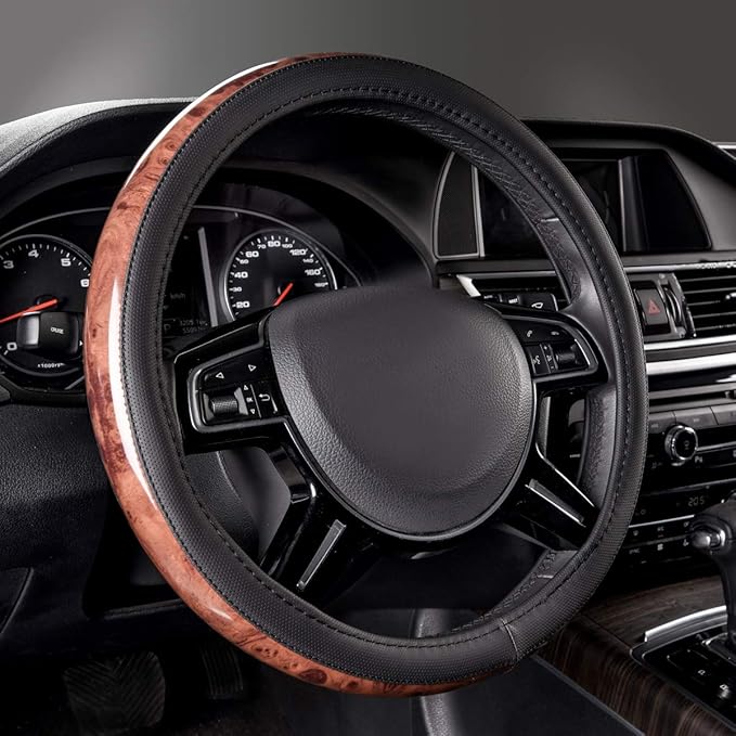 CAR PASS Wood Grain Microfiber Leather Steering Wheel Cover, Universal Fit for 14 1/2-15 inch Black Steering Wheel, Anti-Skip Veins Design,Cars, Suvs,Vans, Sedans (Black)