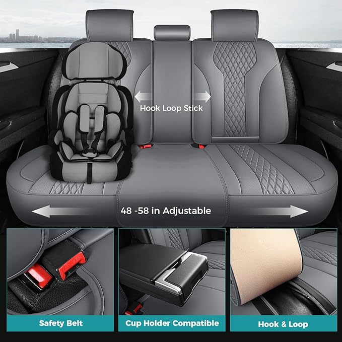 FEINEPRO Leather Car Seat Covers Full Set, Breathable Faux Leather Seat Covers for Cars SUV Sedan Waterproof Grey