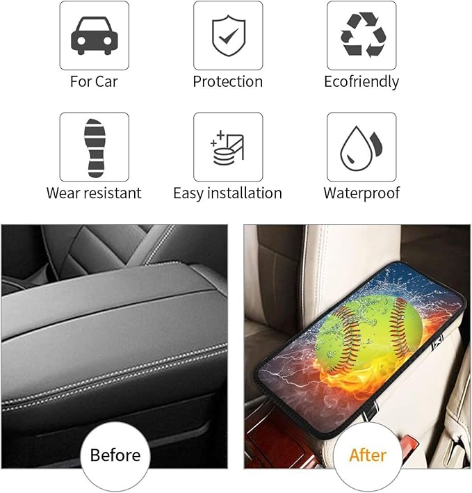 Fire Softball Auto Center Console Armrest Cover Pad, Universal Fit Waterproof Comfort Car Armrest Cushion for Most Vehicle SUV Truck