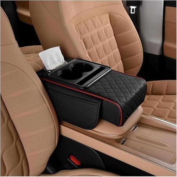 Car Armrest Cushion for Ford Focus I Sedan 1998-2001 2002 2003 2004 2005, Car Center Console Cover Armrest Pad with Cup Holder and Tissue Box, Car Accessories,Black-Red