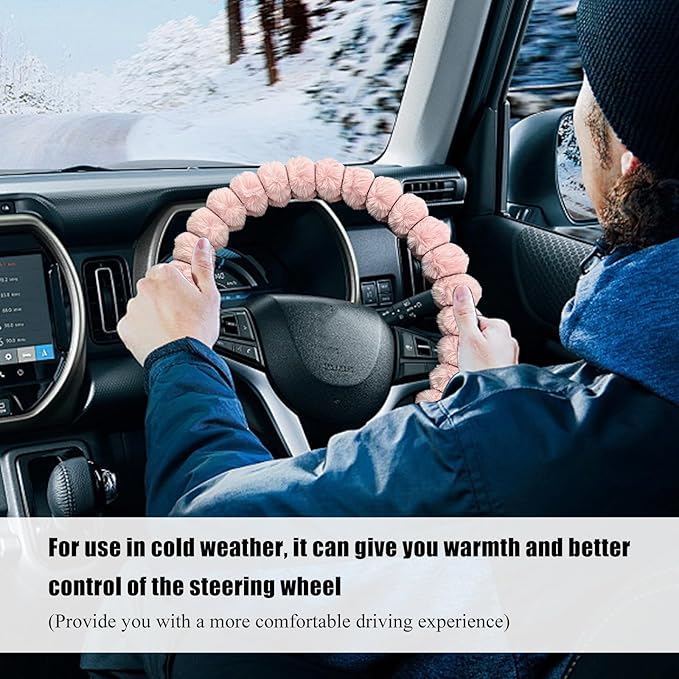 Fluffy Car Steering Wheel Cover, 14.5-15 Inches Anti-Slip Plush Fuzzy Steering Wheel Protector, Soft Warm Steering Wheel Cover Interior Decor for Women Girl, Car Accessories (Pink)