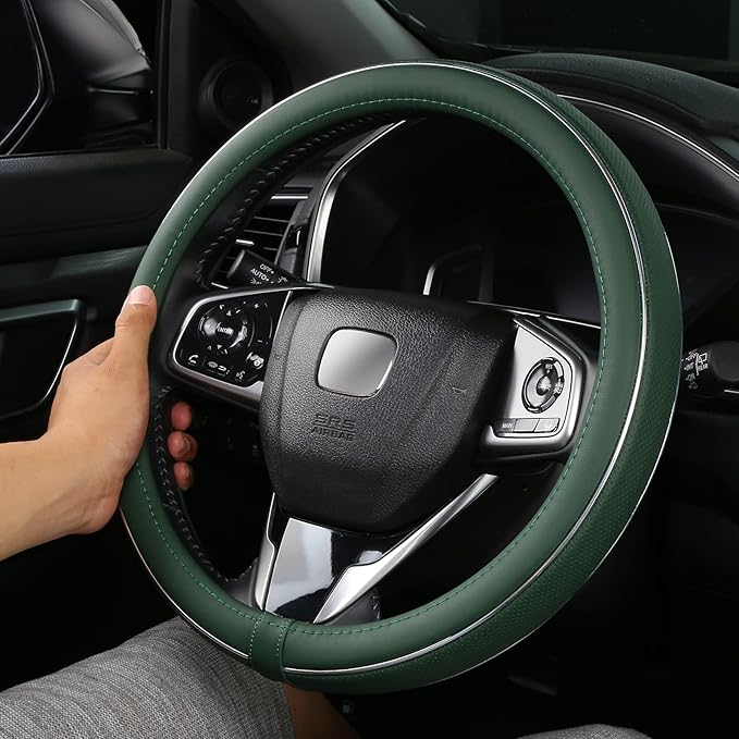 ALEMODR Custom Leather Steering Wheel Cover for Ford F-150, F-250, F-350, Expedition, Green Steering Wheel Protector