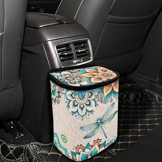 Bohemian Flower Dragonfly Car Trash Bin with Lid,Leak-Proof Car Organizer, Waterproof Car Garbage Can for Vehicle/Home/Office
