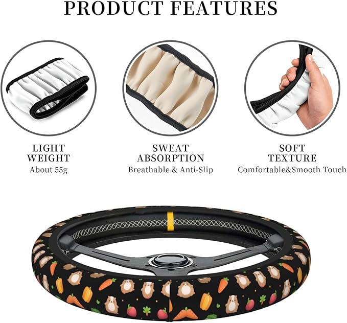 Guinea Pig and Carrots Neoprene Steering Wheel Covers Women Men Car Accessories, Universal 15 Inch Fit Auto, Suvs, Truck