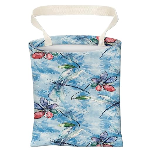 Car Trash Can, Cute Car Trash Bag, Hanging Car Organizer and Storage Bag, Trash Bin for Car Accessories, Vehicle, Travelling, Camping Watercolor Blue Dragonfly