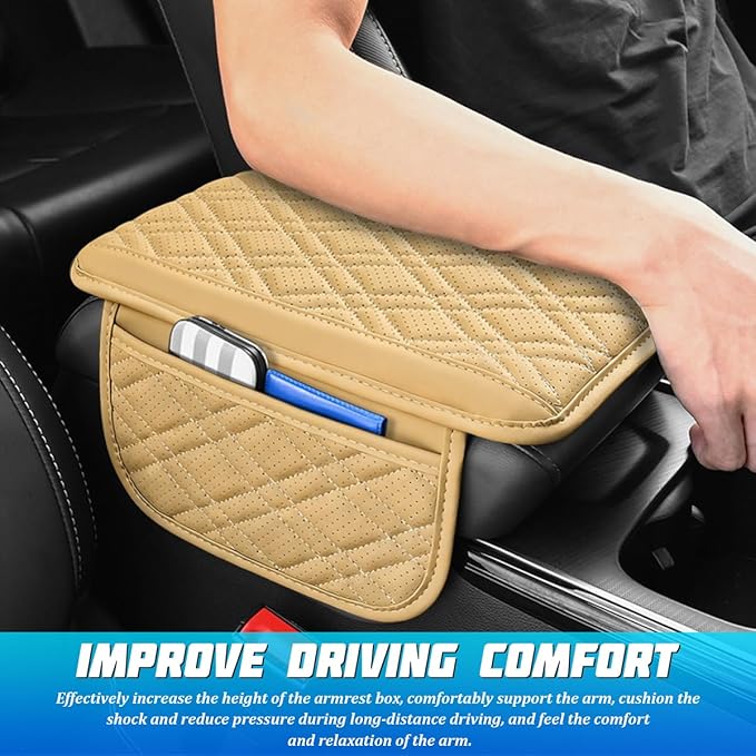 Car Center Console Cover, Leather Vehicle Armrest Cushion Pad with 2 Storage Bags, Comfortbale Automotive Interior Middle Seat Box Protector Accessories, Universal Fit (Beige)
