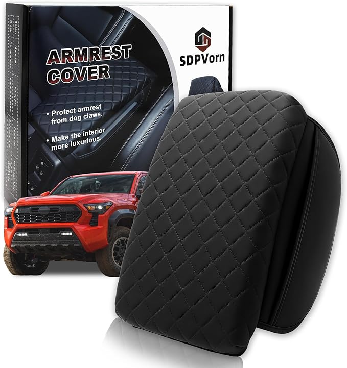Armrest Cover for Toyota Tacoma Center Console Pad with Organizer Storage Pockets, Black Faux Leather Arm Rest Lid Protector Cushion Interior Accessories (2024-2026)