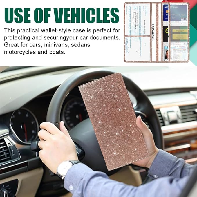 Vehicle Glove Box Car Organizer, Car Registration and Insurance Holder, Insurance Card Holder for Cars, Car Registration and Insurance Card Holder Interior Accessories for Women(Glitter-Rose)