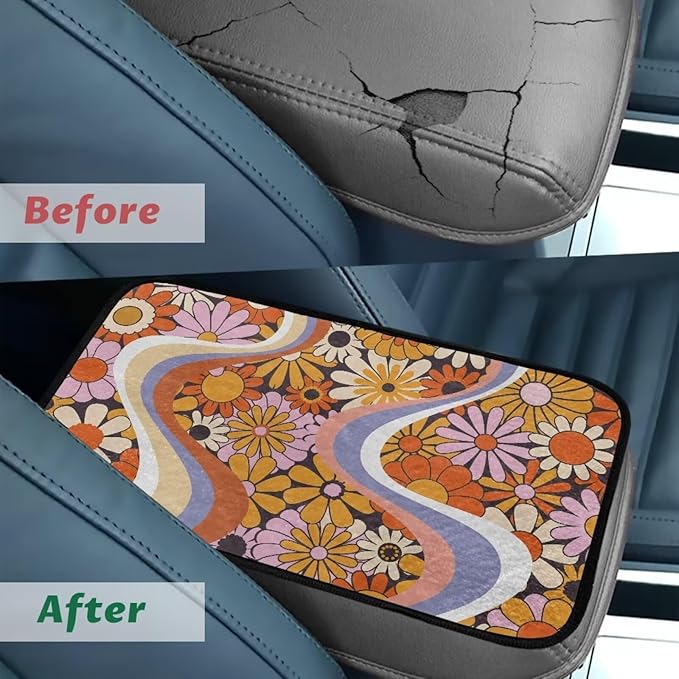 Bulopur Orange Daisy Armrest Cover Car 12.01 x 7.28 Inch Armrest Console Cover Car Center Console Cushion Pad Flannel Protector Vehicle Armrest Cover Vehicle Accessories
