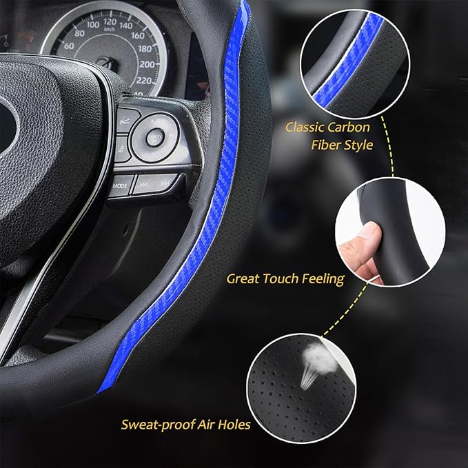 Muamos Steering Wheel Cover Blue, Carbon Fiber Car Steering Wheel Covers with Coasters Universal 14.5-15 inch Leather Microfiber Breathable Anti-Slip Steering Wheel Accessories Set