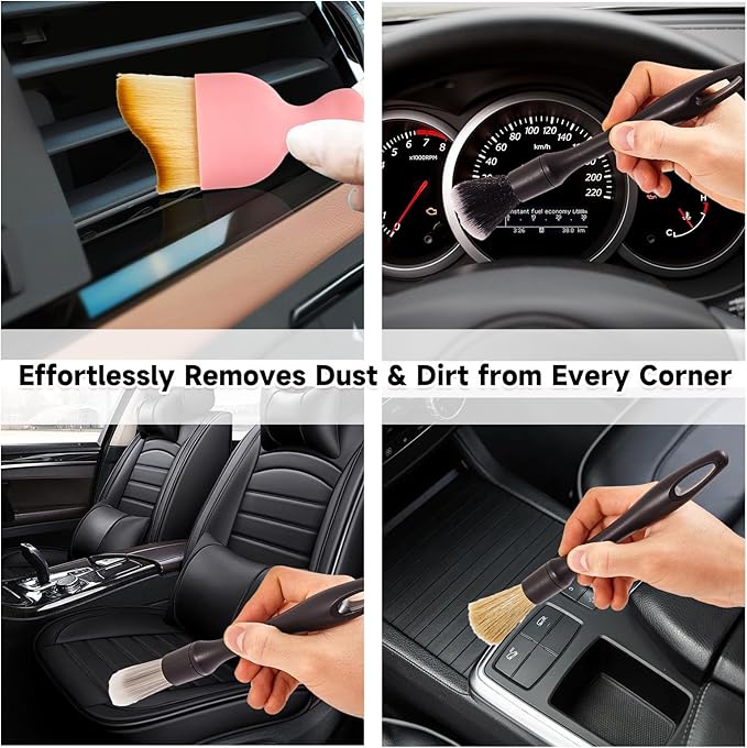 Car Detailing Brush Set, 8PCS Pink Auto Cleaning Kit – Soft Bristle Brushes, Dust Blower, Cleaning Gel, Microfiber Towel – for Interior & Exterior, Dashboard, Air Vents, Wheels, Car Cleaning Supplies