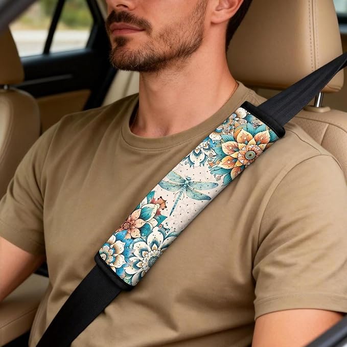 Psesaysky 5-Piece Car Accessories Set, Boho Flower Dragonfly Universal Fit PU Leather Seat Covers with Seatbelt Pads and Armrest Cover for Cars, Trucks, SUVs, Vehicle Decor