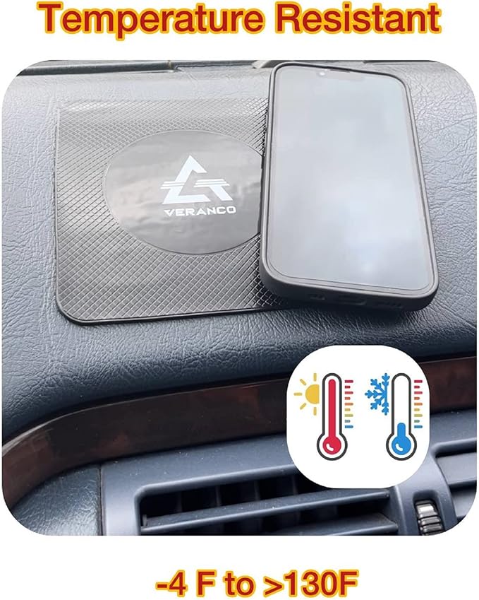 A VERANCO Car Dashboard Mat, 5.5x6.3 inches, PU Gel Material, Black, Universal Fit, Multifunction Anti-Slip Mat for Phone Holder, Radar Detector, Keys, Sunglasses etc