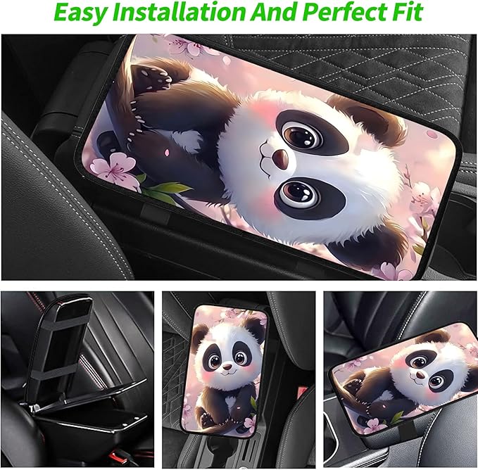 JANENFNA Car Armrest Cover Pads Universal Fashion Cute Auto Center Console Armrest Cover Pad with 2PCS Car Coasters Soft Waterproof Car Armrest Seat Protector for Women,Pink Flower Panda