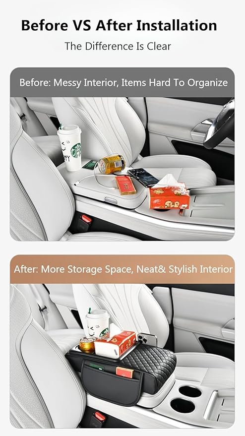 Car Armrest Pad with Built-in Induction Charging, Leather Center Console Cushion with 15W Power Pad, Dual Cup Holders, Storage Pockets - Beige