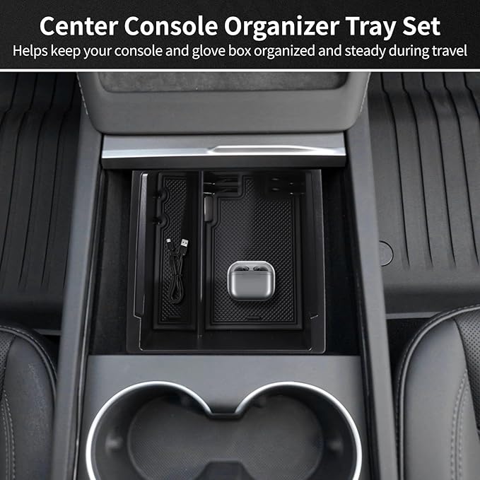 7 PCS Center Console Organizer Tray Set, 5 Storage Holders, Non-Slip Mat for Dual Cups, Webcam Cover, Compatible with Tesla M3 2024-2025, Model Y 2025, Interior Storage Accessories