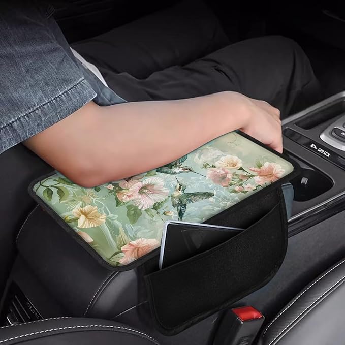 Dreaweet Hummingbird Flower Print Arm Rest Cover for Car Truck SUV Van,Elegant Car Accessories Teal Center Console Covers with Pockets,Soft Comfy Car Armrest Cover Pad,Easy to Install