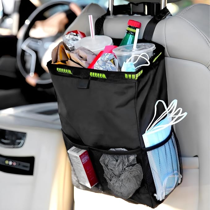 Car Trash Bag, Leak-Proof Large Capacity 3.4 Gallons Hanging Vehicle Trash Bin with Storage Pocket, Multipurpose Portable Auto Garbage Bag for Travel, Universal Fit (Black)