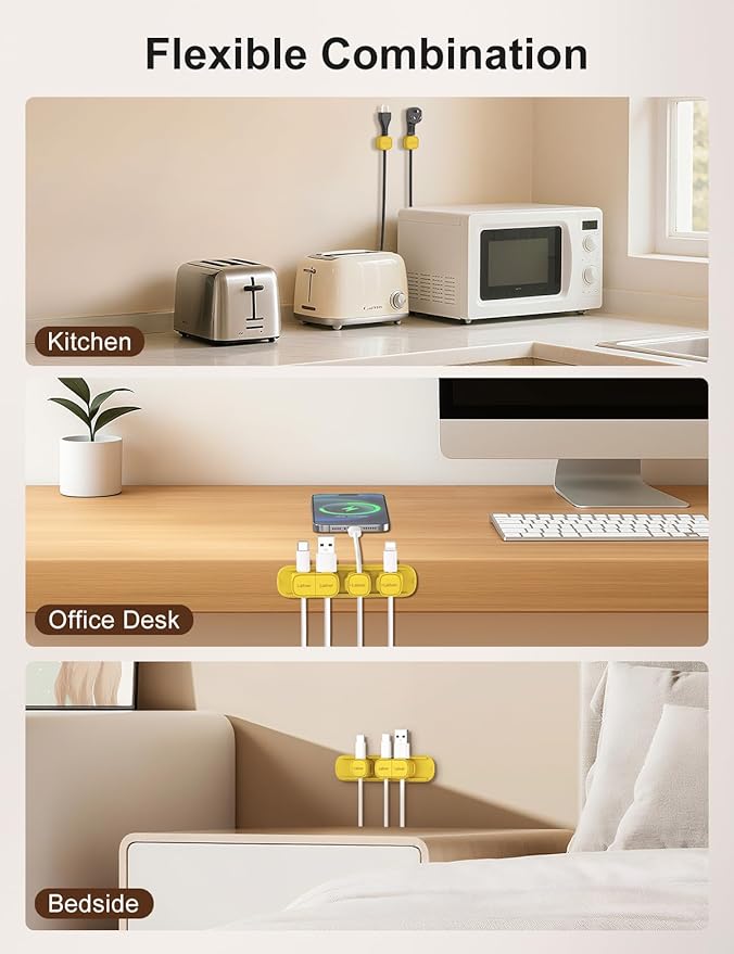 6 Pack Magnetic Cable Clips [1s Open/Lock], Laitver Cord Organizer Holder Strong Adhesive Desk Cable Management- Organize Charging Cords Neatly for Home, Office, Car,Desk, Nightstand-Yellow