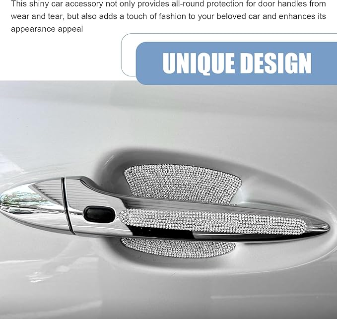 10PCS Bling Car Door Handle Protector, Crystal Rhinestone Car Door Handle Scratch Protector, Anti-Scratch Door Bowl Paint Guard Protective Film, for Auto, Van, Truck (Silver)