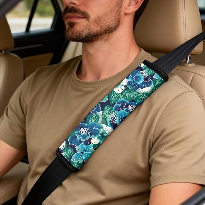 Qeluxign Hibiscus Floral Air Mesh Car Seat Covers & Accessories 5-Piece Set 2 Seat Covers, 2 Shoulder Belt Pads, 1 Console Pad PU Leather Car Interior Set for Women