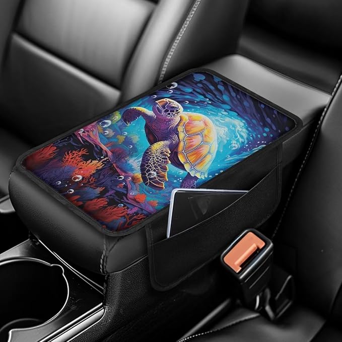 BIGCARJOB Automotive Armrest Cover Cushion Blue Sea Turtle Print Car Center Console Cover Cute Armrest Cover with Side Pockets Universal Car Armrest Box Pad Auto Interior Accessories