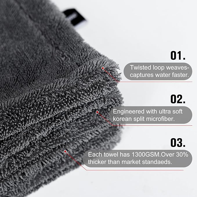 Singrune 2 Pack XL Car Drying Towel – 1300GSM Ultra Absorbent Microfiber, 24"x36" Large Size, Twisted Loop, Lint-Free & Streak-Free for Auto Detailing, Car, SUV, Truck (Gray-Gray)