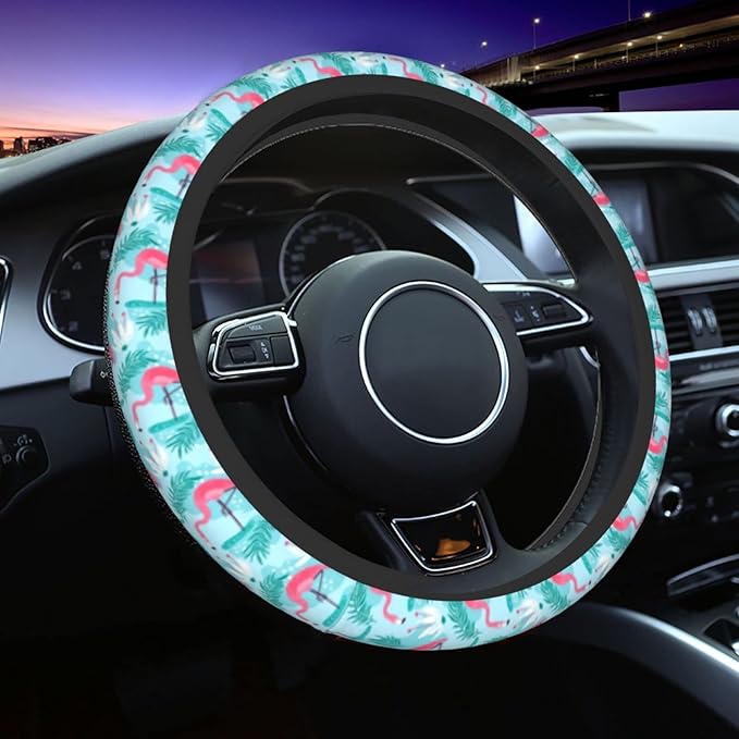 Flamingo Gifts for Women Steering Wheel Cover for Women Men with 2 Pcs Car Coasters, Universal 14.5-15 Inch Rainbow Steering Wheel Covers Non-Slip Car Accessories for Girls