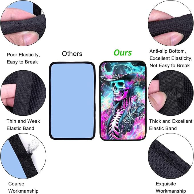 JANENFNA Car Armrest Cover Pads Universal Fashion Cute Auto Center Console Armrest Cover Pad with 2PCS Car Coasters Soft Waterproof Car Armrest Seat Protector for Women,Neon Skull Cowboy