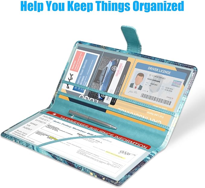 DMLuna Car Registration and Insurance Holder, Leather Vehicle Card Document Glove Box Organizer, Auto Truck Compartment Accessories for Essential Information, Driver License Cards, Blue/Green Marble