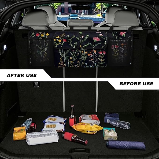Floral Flowers Car Trunk Organizer, 4 Compartment, Foldable Back Seat Car Organizer, Car Accessories
